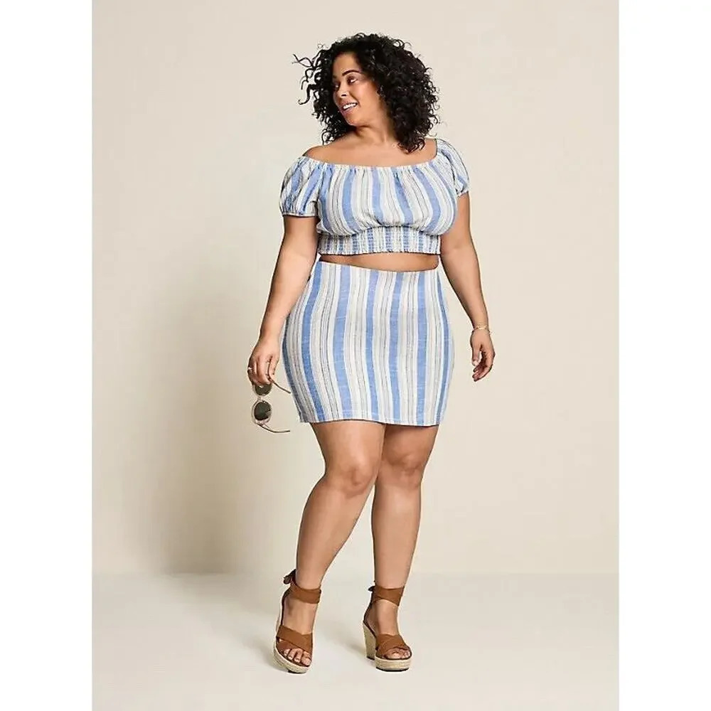 Torrid Off-Shoulder Puff Sleeve Crop Top Linen Blend Blue & White Plus Size 5 Wm